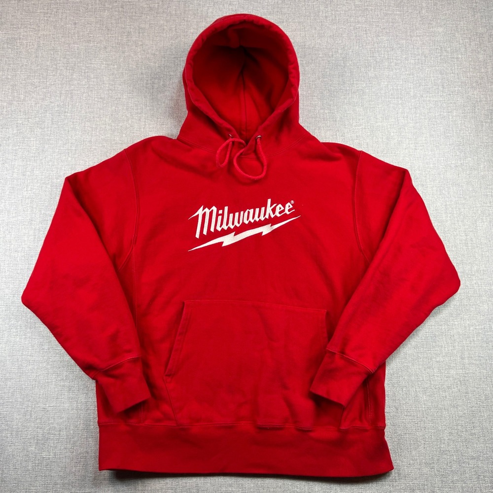 Champion Reverse Weave Milwaukee Tool Logo Hoodie Men L Red Embroidered Fleece